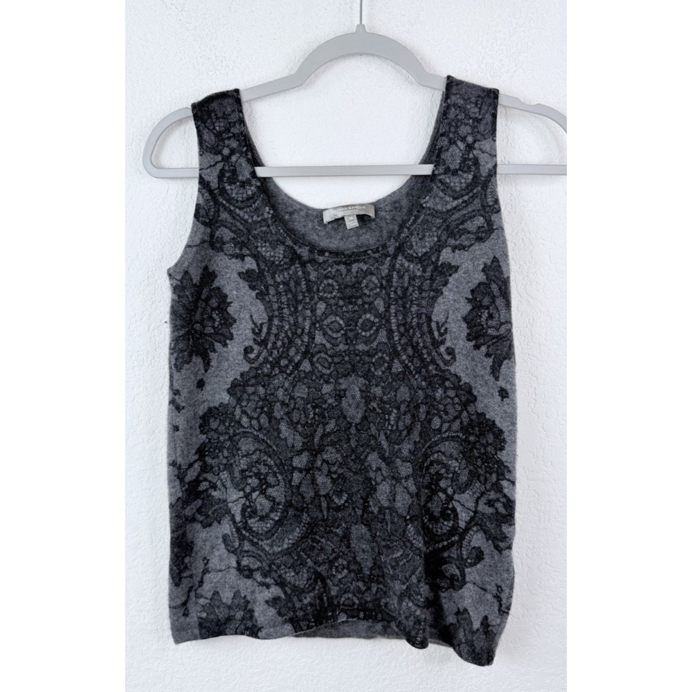 Neiman Marcus 100% Cashmere Tank Top M Gray Black Lace Print Sleeveless Preppy